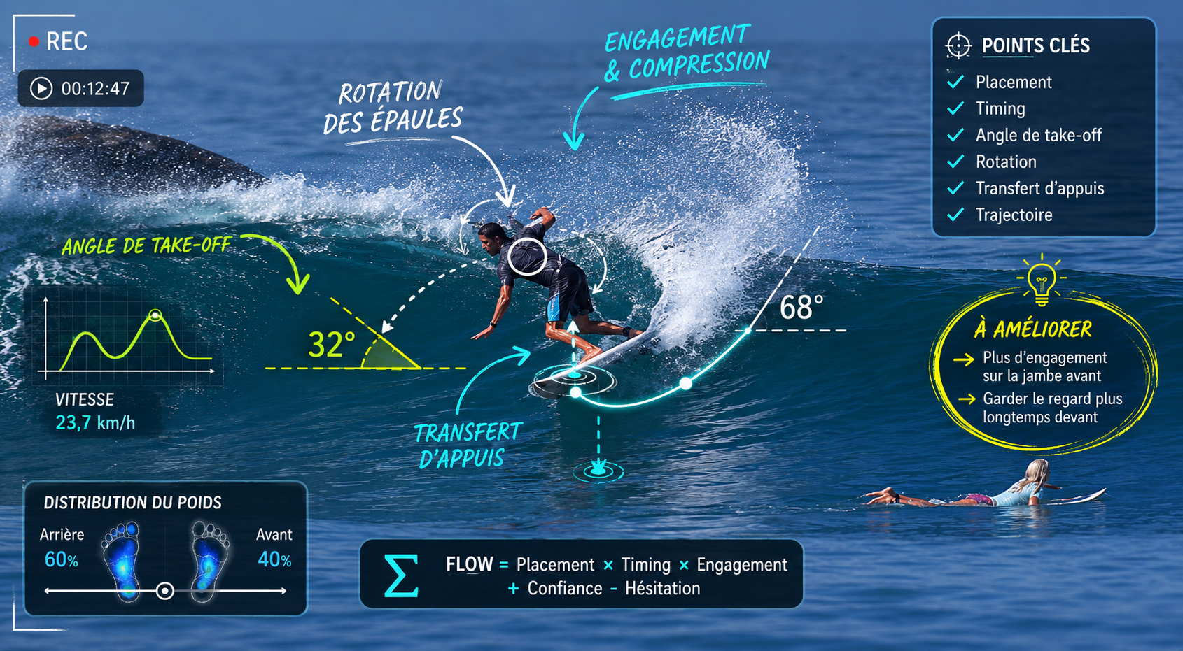 Analyse vidéo PINTXOS : décomposition du take-off, rotation des épaules, transfert d'appuis.